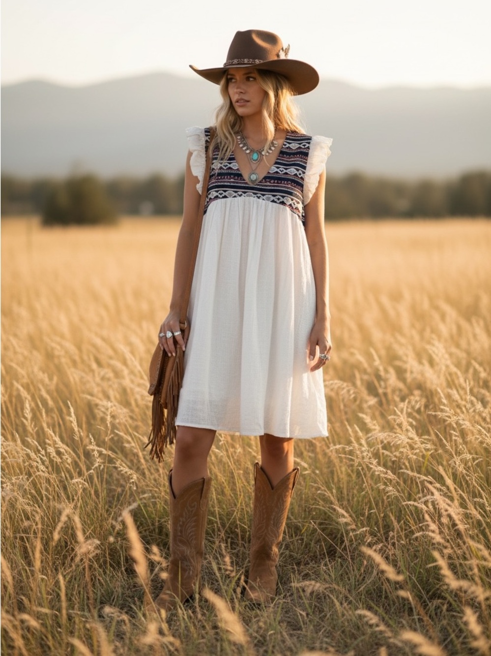 Grace & Lace Aztec Ruffle Cap Sleeve Knee Length Western Textured Mini Dress